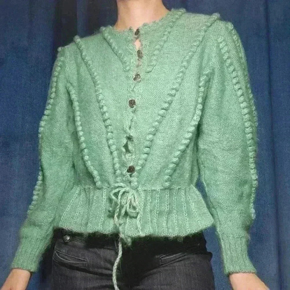 Vintage Lanamoden Salzburg Austrian Folk aqua  merino wool cardigan sweater - Picture 5 of 11
